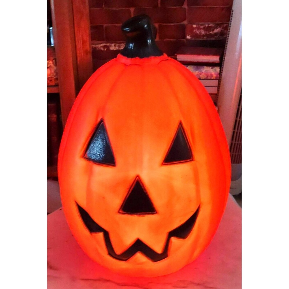 Vintage 21" Orange Pumpkin Blow Mold Jack-O-Lantern Light Up Halloween Decor